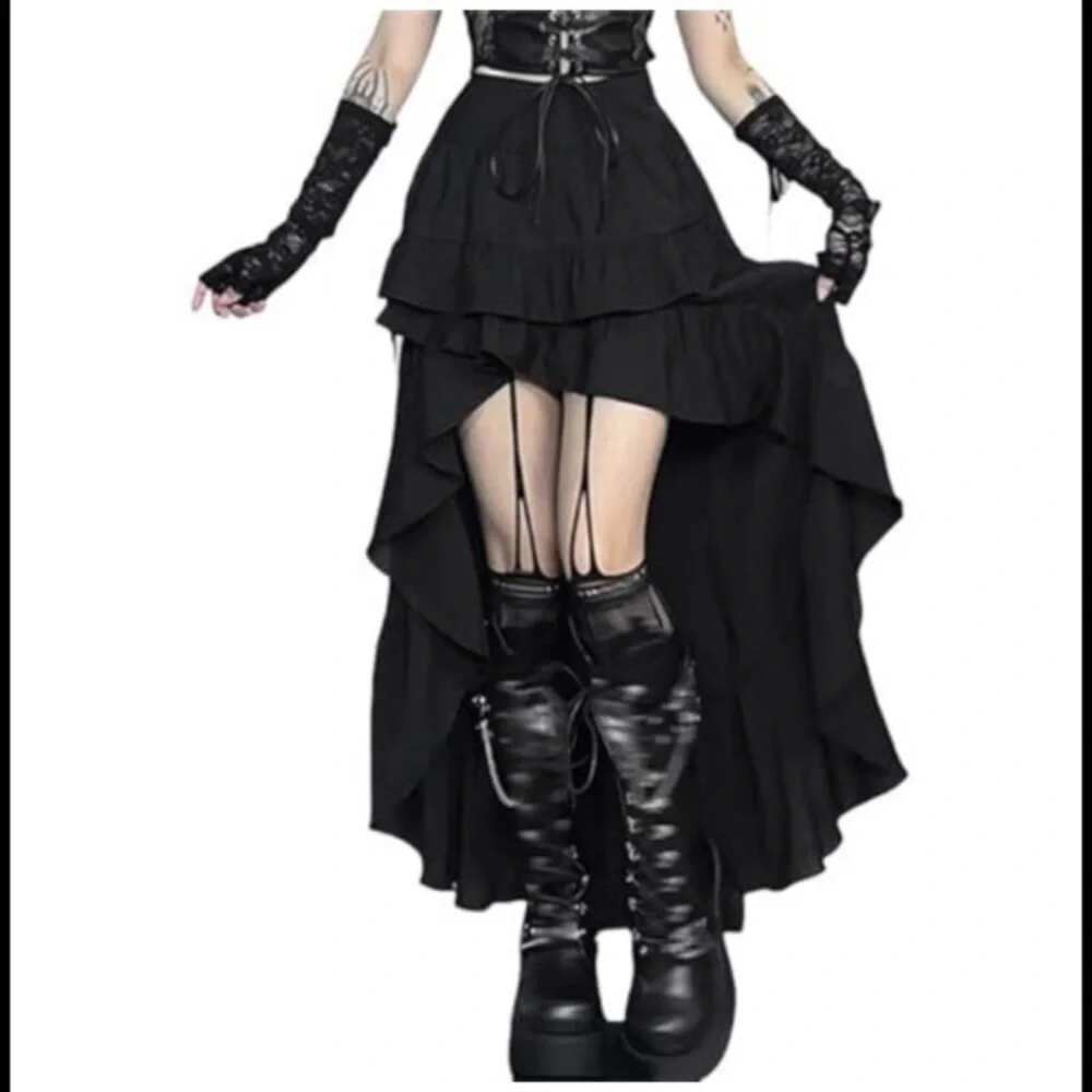Gothic Tiered Maxi Skirt Asymmetrical High Waist Y2K Punk Grunge